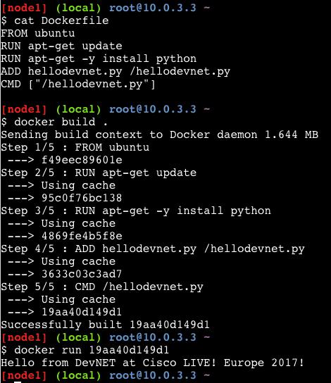 FROM ubuntu... $ git clone https://github.com/matjohn2/container-intro-devnet.git $ cd container-intro-devnet $ cat Dockerfile $ docker build.