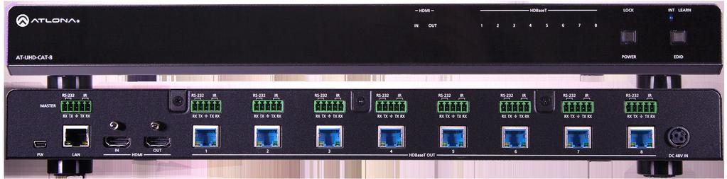 The Atlona AT-UHD-CAT- is a K/UHD to distribution amplifier featuring passthrough input connections, four outputs and display control capability.