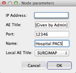 Enter the following information into the Node parameters dialogue box and press OK (Note: Most of this information will be given to you by your PACS admin): IP Address that you received from your