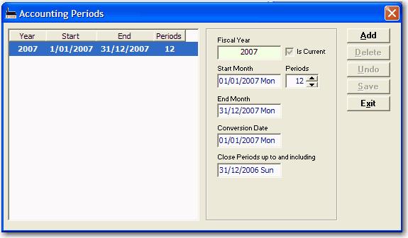 Accounting Periods Account Year It is necessary to specify the accounting year. 1. Select MAINTENANCE SETUP GENERAL tab ACCOUNTING PERIODS button 2.