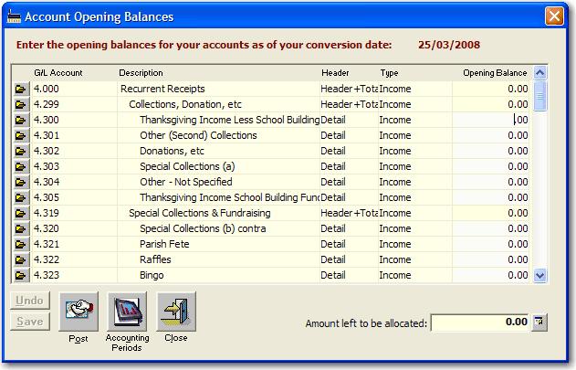 General Ledger Opening Balances, Continued Opening Balances (continued) 2 Click on the OPENING BALANCES button at the bottom of the form. Result: The Opening Balances form will be displayed.