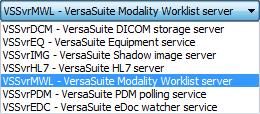 6. Modality Worklist Server 1. In the VS Service Manager, choose VersaSuite Modality Worklist Server from the dropdown menu. Figure 32 - VersaSuite Modality Worklist Server 2.