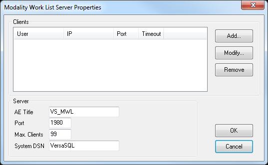 3. Click the Properties button and the Dicom Image Server Properties dialog appears. Figure 35 - Modality Work List Server Properties 4. Enter in the VS_MWL as the AE Title for the modality server. 5.