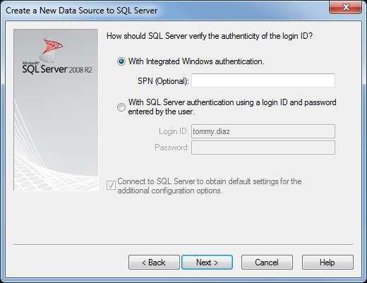7. Select the Windows method of authentication for SQL Server and click