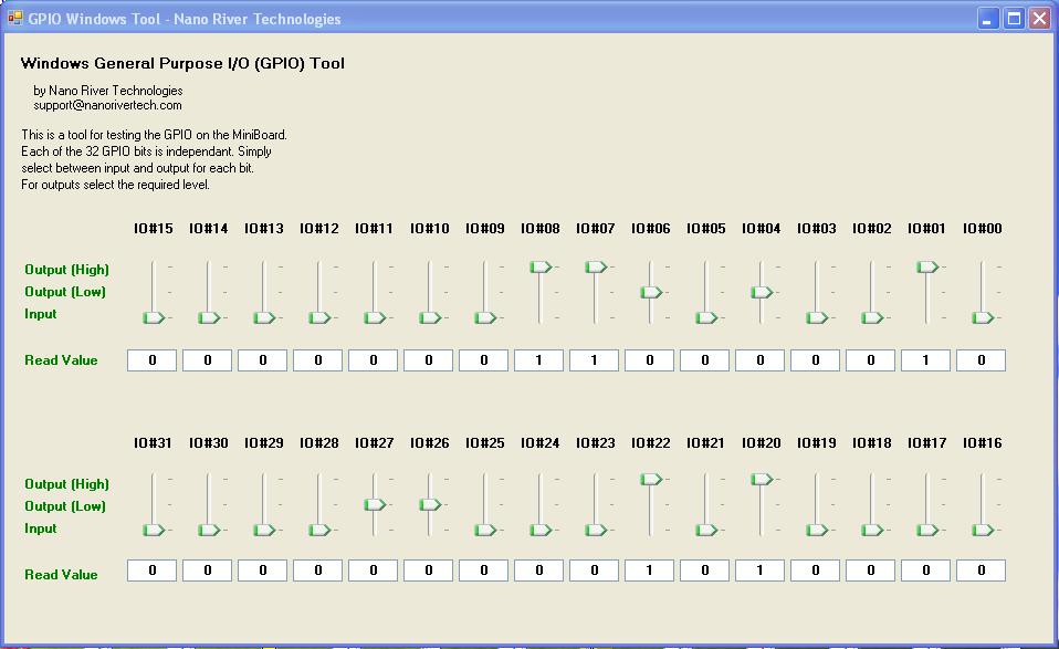 2. Windows GPIO Tool This example application is a very simple Visual C++ GUI application showing how to interface to the general purpose IO (GPIO) pins. Slider Control Read Value 2.1.