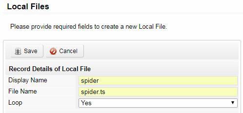 5.4.6 Local Files Import Pres New Recorder to create a new one Record Details of Local File Display Name : The name of the local file channel name File Name : The name of the file you want to use