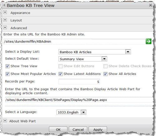 2. Edit the page by selecting Site Actions > Edit Page, or use the ribbon by selecting Edit > Edit Page. Click Edit on the top right of the Bamboo KB Tree View Web Part. Then select Edit Web Part. 3.