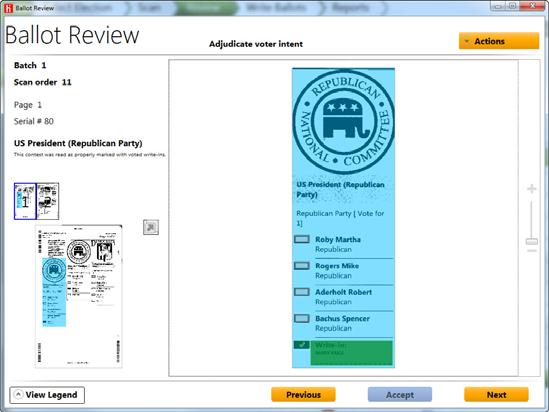 Reviewing and Resolving Ballots Resolving a Contest 1. Double-click to open an unresolved ballot. The Ballot Review window opens. 2. Click the contest highlighted in blue.