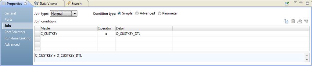 4. Click the New button, and define the join condition as C_CUSTKEY = O_CUSTKEY_DTL. The following image shows the Join tab with the join condition defined: Step 3.