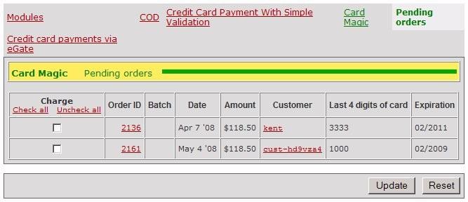 Both these options are described in detail below. Pending orders page In the Payment Configuration section of the Miva admin, along with the Card Magic link, there is a link labeled Pending orders.