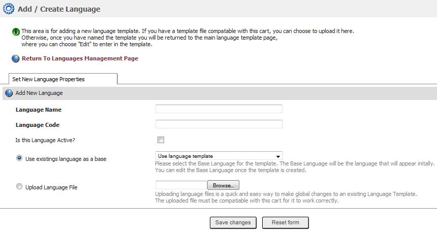 Click Add a New Language Template link under Language Settings to open Add / Create Language page, as shown in the Figure