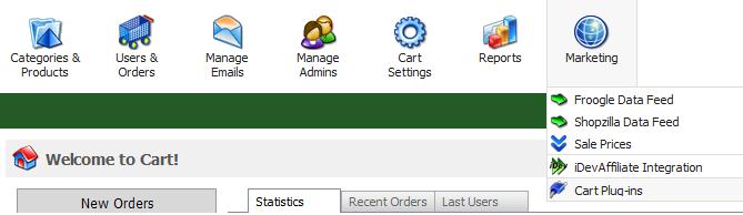 Marketing 237 8.3 Cart Plug-ins This area allows you to manage Cart Plug-ins like Product Feeds, Miscellaneous Plugins, and Data Export.