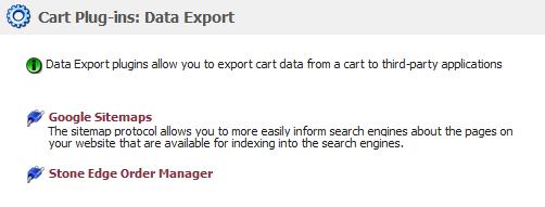 238 Pinnacle Cart User Manual v3.6.3 8.3.1 Data Export Data Export cart plug-in allows you to export marketing related data like google sitemaps to your local computer or to an order management website like stoneedge.