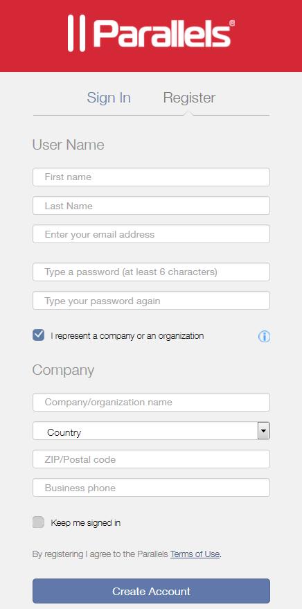 Register and Activate Parallels RAS 2 Click Register. The registration page opens. 3 Select the I represent a company or an organization option.