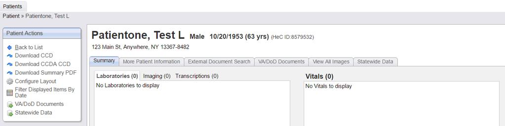 Query-Based Exchange: Veterans Administration/Department of Defense Documents VA/DoD Patient Lookup includes documents not included in the Summary or More Patient Information tabs.