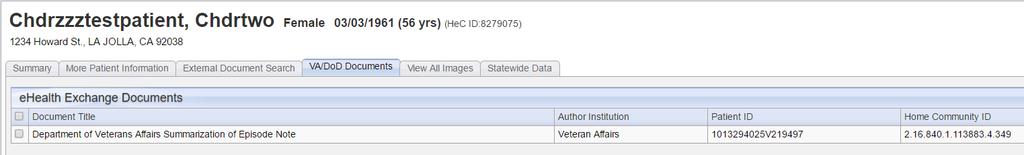 Query-Based Exchange: Veterans Administration/Department of Defense Documents Click on a Document ID (highlighted in blue) to view the document The document from