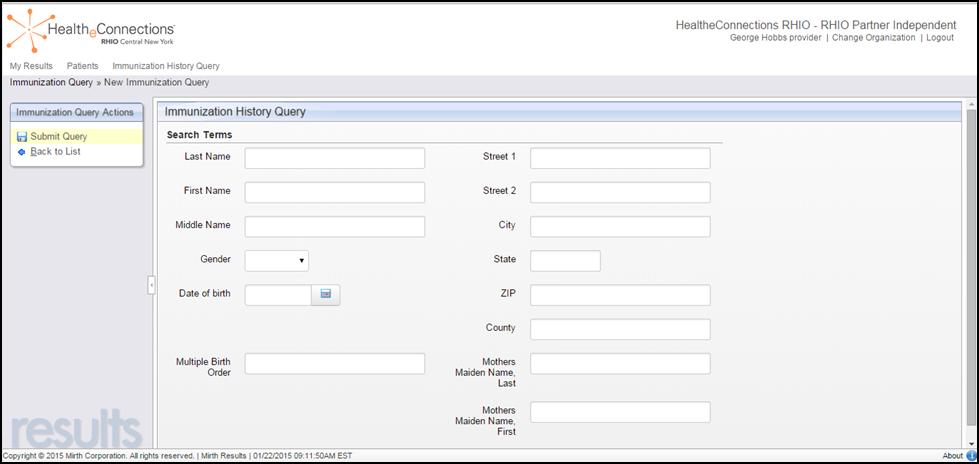 Query-Based Exchange: Immunization Query v To search for a patient, enter in the patient s last name, first name, and date of birth.