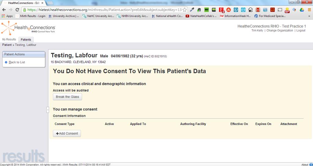 myresults Consent is not needed to view results through the myresults screen. If you choose to view the patient s community record, consent will be applied at this time.
