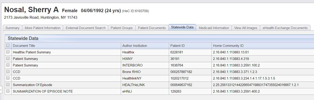 Statewide Patient Record Lookup Click on a Document ID (highlighted in blue) to view the CCD from the other regions of NYS The CCD from the other region