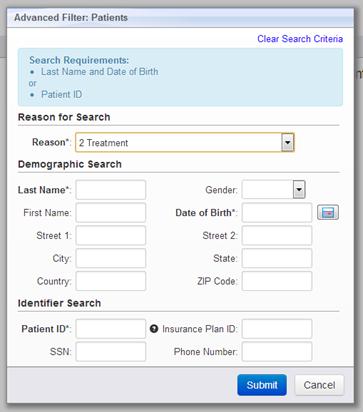 Patient Lookup: Search There must be a Reason selected in order to execute a search.