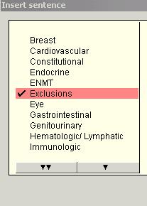 To add sentences to your PowerNote first open the Note. Right click on Physical Examination Paragraph. Left click on Insert sentence This window will open.