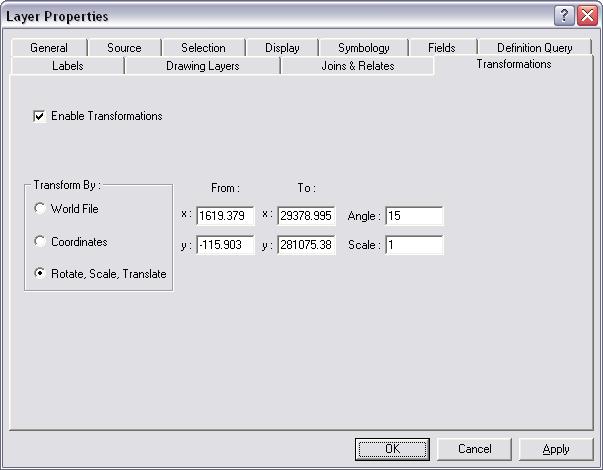 Transformation Tools Transformations tab Located in the CAD feature Layer Properties dialog