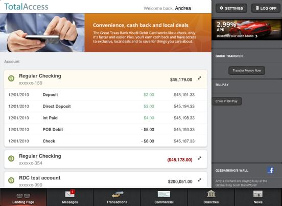 Settings menu Quick funds transfers Bill payments Announcements and messages View Account Details The Dashboard displays a summary of accounts associated with your online profile.