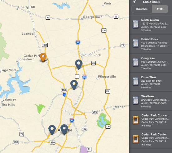 1. Tap the Branches tab. A map appears displaying a list of ATMs and branch locations. The addresses and distances to the locations also display in the right panel.