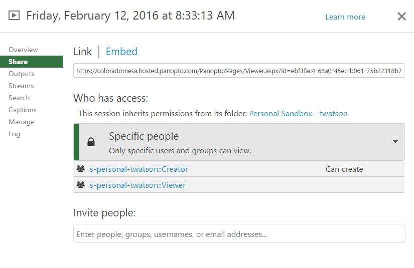 3. In the dialog box that appears, notice the Who has access section. The top bar of this section indicates that Specific People have access and those specific people are listed below.