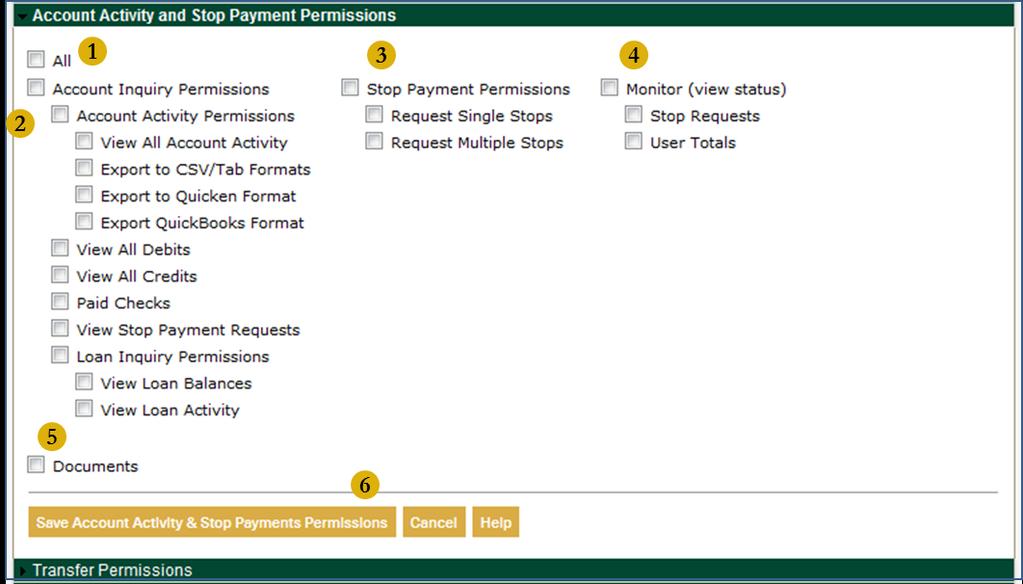 Account Activity and Stop Payment Permissions 1. All Will select all permissions displayed on this screen. 2. Account Inquiry Permissions Ability to view different types of account transactions. 3.