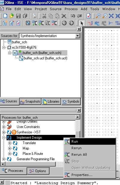 44. The next step is to run the implementation process. So, right click on the Implement Design process and select Run from the pop-up menu. Figure 3-36 Implementing design. 45.