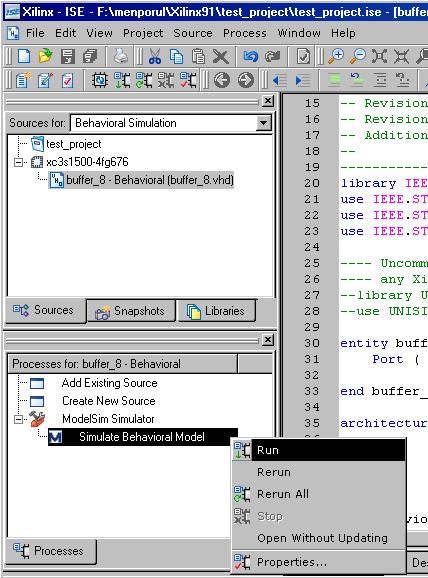 17. Then select the VHDL file in the source for window and run the Simulate Behavioral Model Function.