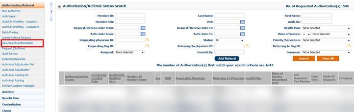REVIEWING A REFERRAL / AUTHORIZATION AFTER SUBMISSION After submitting the authorization, users are able to view the request by clicking back on the left module panel and selecting the View/Search