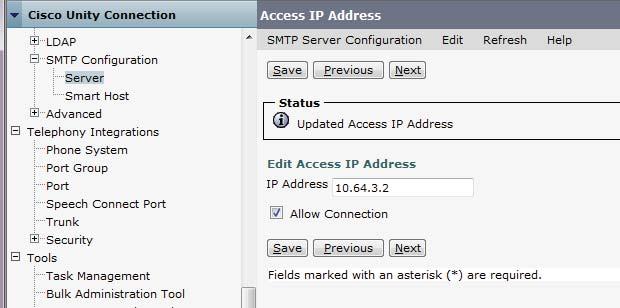 1. In Cisco Unity Connection Administration, expand System Settings, then select SMTP 2. Configuration > Server. 3.