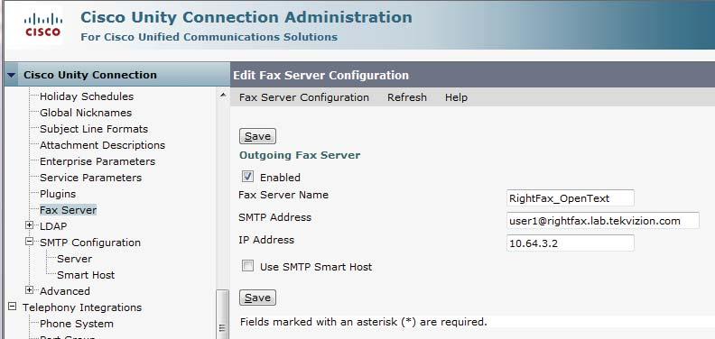 1. In Cisco Unity Connection Administration, expand System Settings, then select Advanced > Fax. 2.