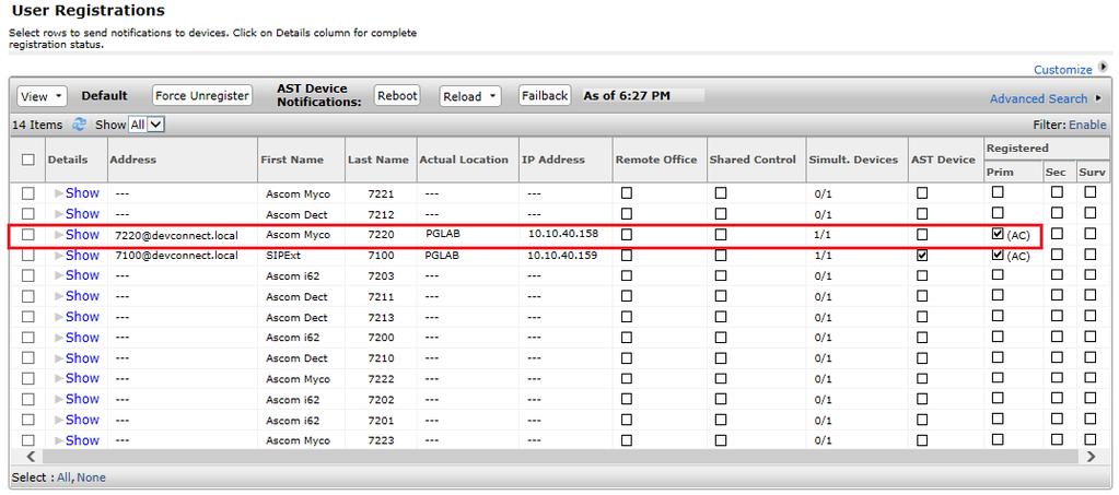 The Ascom Myco user should show as being registered as highlighted.