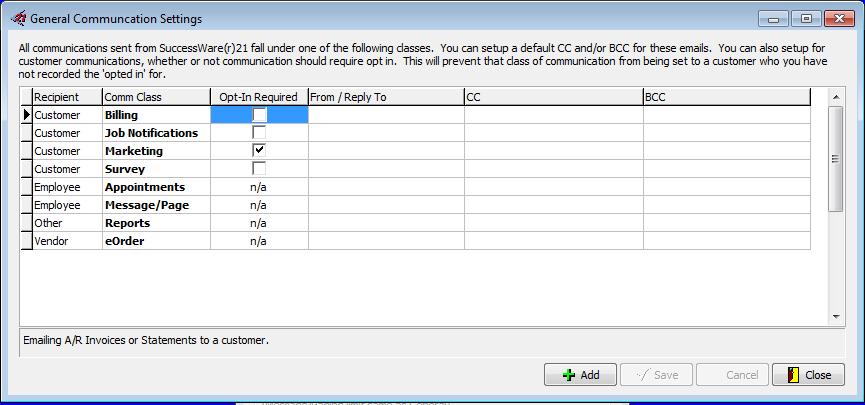 2. Select General Communications from the list. Several Communication Classes have been predetermined in SuccessWare 21.