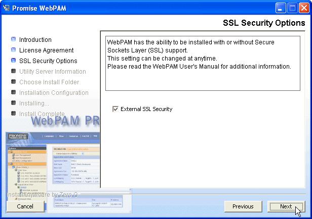Step 9: Install WebPAM PRO Software 3. When the SSL Security Options screen appears (above), you can check External Security. An explanation follows.