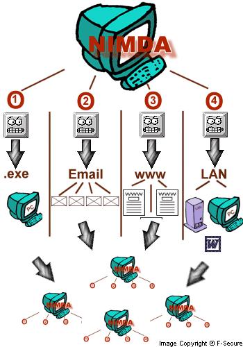 Nimda Worm Nimda (2001) Five different infection methods: - Via e-mail - Via open network shares Window XP SP1 version - Via browsing of compromised web sites - Exploitation of