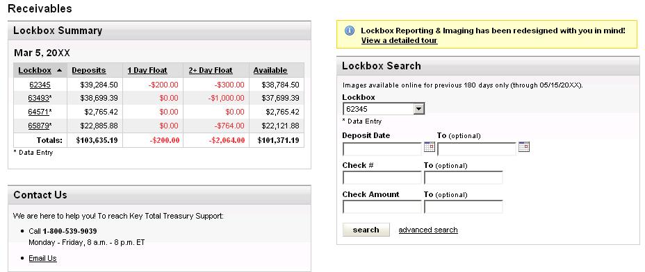 The Receivables module on KTT allows authorized users to view lockbox reports and images.