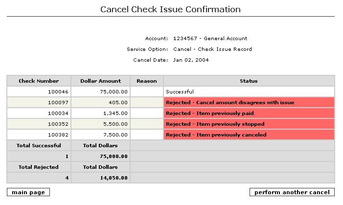 To process the cancels, select accept. 9. The Cancel Check Issue Confirmation screen will appear.