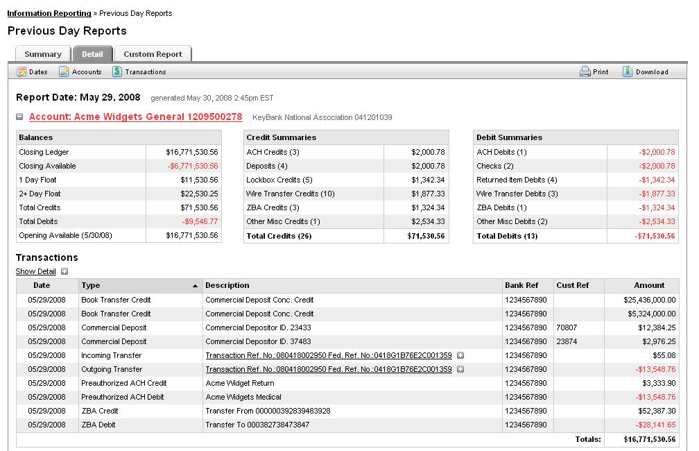 Detail Reports d Detail reports can be accessed by selecting from the information reporting main page or by selecting the detail tab from the summary or custom screens.
