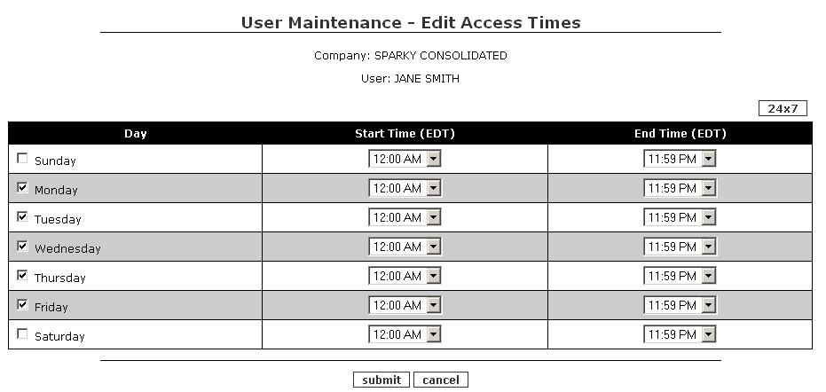 1. From the User Maintenance screen, click on the active Access Times link in the Edit Access Times column next to the user whose information you wish to update. 2.
