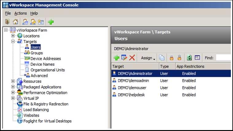 16 Targets This node is used to set the criteria for which vworkspace Resource is applied and when it is applied to a remote session.