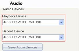 Select Jabra UC Voice 750 USB as the audio recording hardware on your local system from the Record Device list. 4. Click Save Audio Devices. 8.