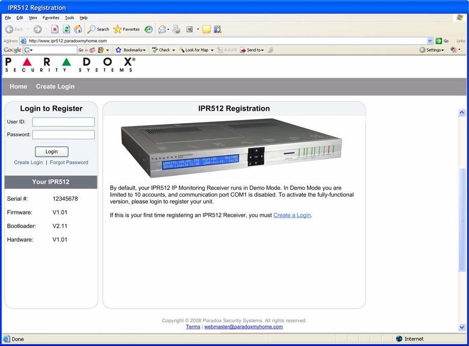 3. Click on Create a Login if this is your first time registering an IPR512 Receiver.