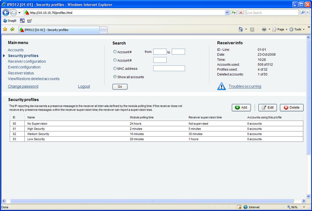 Security Profiles Menu The Security Profiles menu option provides up to 32 security profiles that can be created for each IPR512 Receiver.