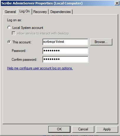 3. Open the Log On tab and select This account. Enter the name and password of the Scribe Services account.