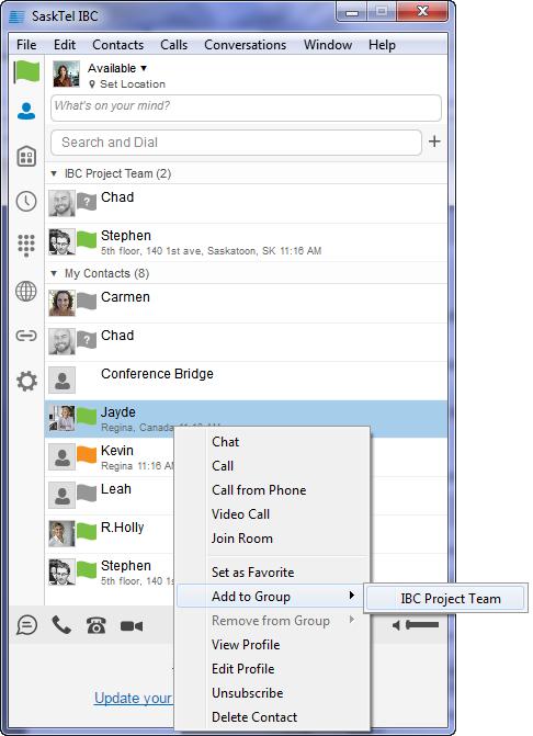 Once a contact group has been created, you can initiate group chat sessions, voice calls, and desktop sharing sessions.