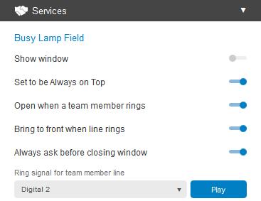 Services The Services menu contains the settings for Busy Lamp Field. The Busy Lamp Field feature is comprised of a window showing the predefined team members and their related call states.